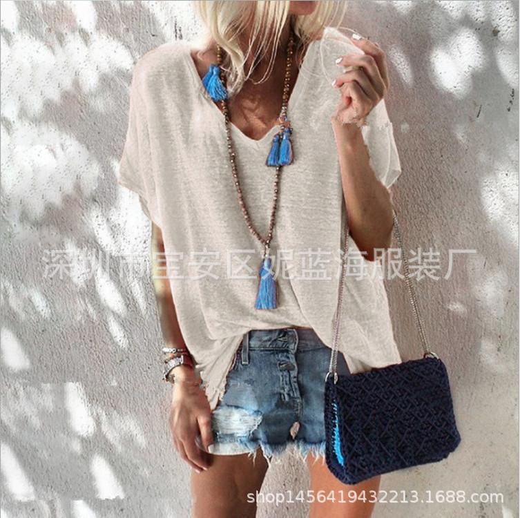 Summer Candy-colored Large Size Loose V Neck Short-sleeved T-shirt Female