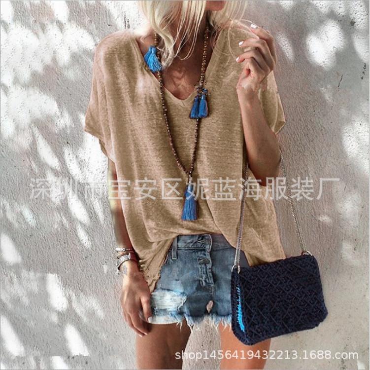 Summer Candy-colored Large Size Loose V Neck Short-sleeved T-shirt Female