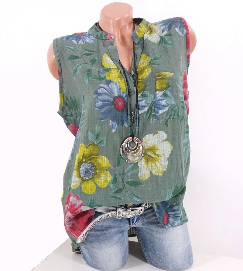 Standing Collar Slub Hemp Printed Sleeveless T-shirt