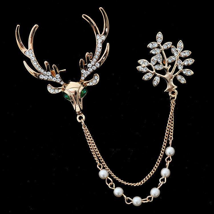 Luxury Unisex Brooch Crystal Deer Tree Artificial Pearl Christmas Brooches