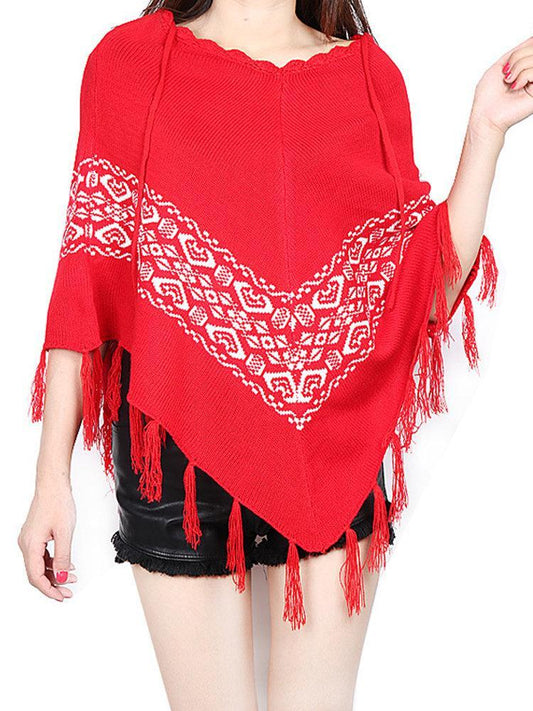 Women Christmas Knitting Print Tassels Cloak Coat