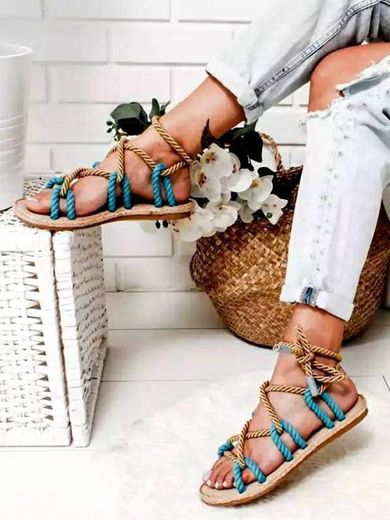 Color Matching Large Size Twine Straps Flat Bottom Women's Sandals Beach Shoes