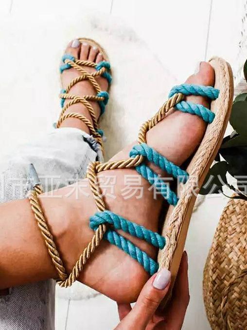 Color Matching Large Size Twine Straps Flat Bottom Women's Sandals Beach Shoes