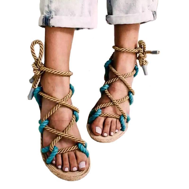 Color Matching Large Size Twine Straps Flat Bottom Women's Sandals Beach Shoes