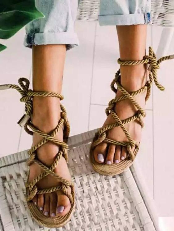 Color Matching Large Size Twine Straps Flat Bottom Women's Sandals Beach Shoes