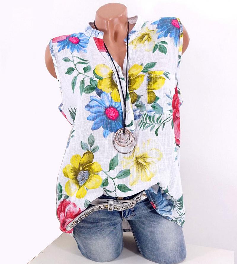 Standing Collar Slub Hemp Printed Sleeveless T-shirt