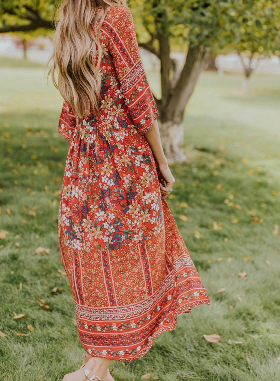 Digital print vintage temperament long bohemian dress