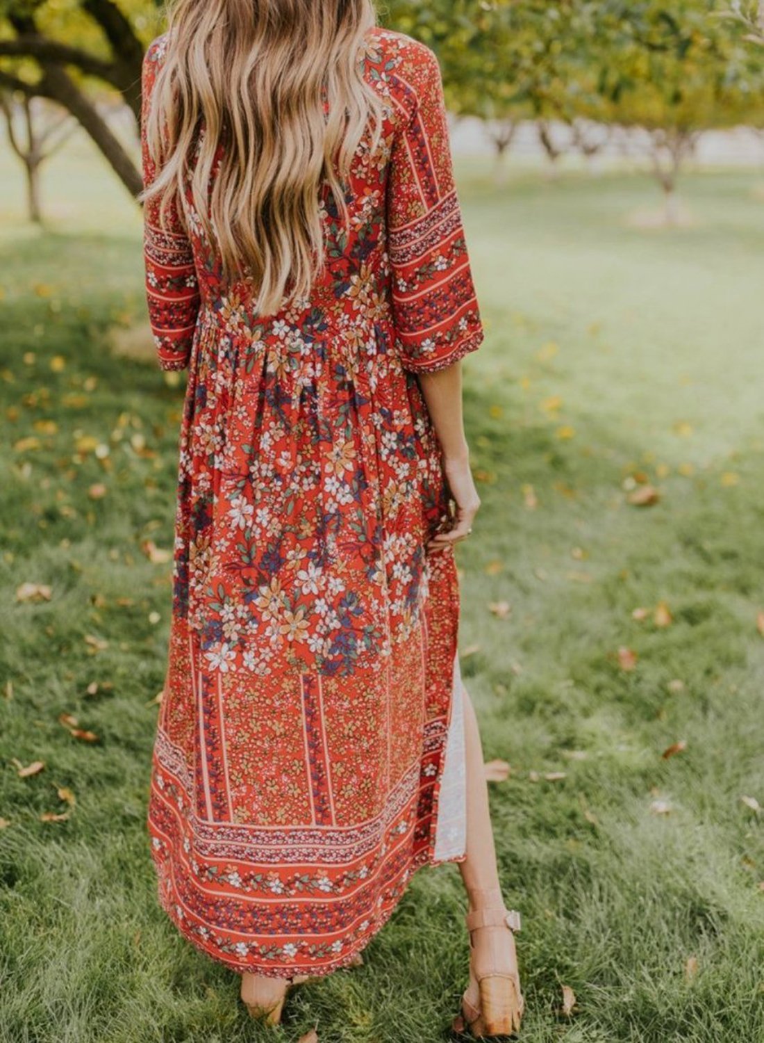 Digital print vintage temperament long bohemian dress