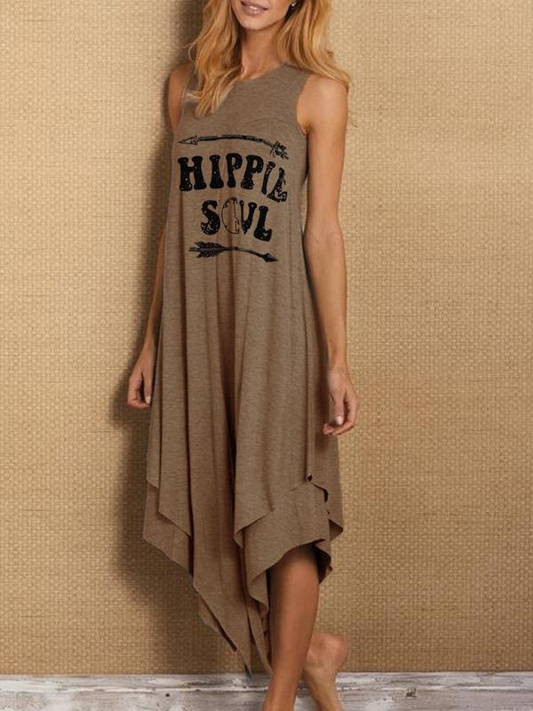 Simple European and American Letters Printed Casual Long-necked Short-sleeved Vest Dress