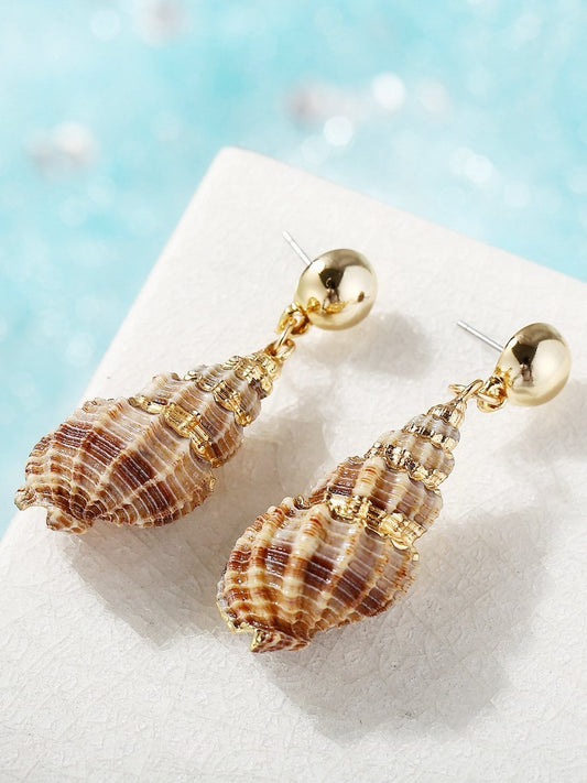 Retro Simple Gold Beads Inlaid Gold Edge Conch Earrings Female