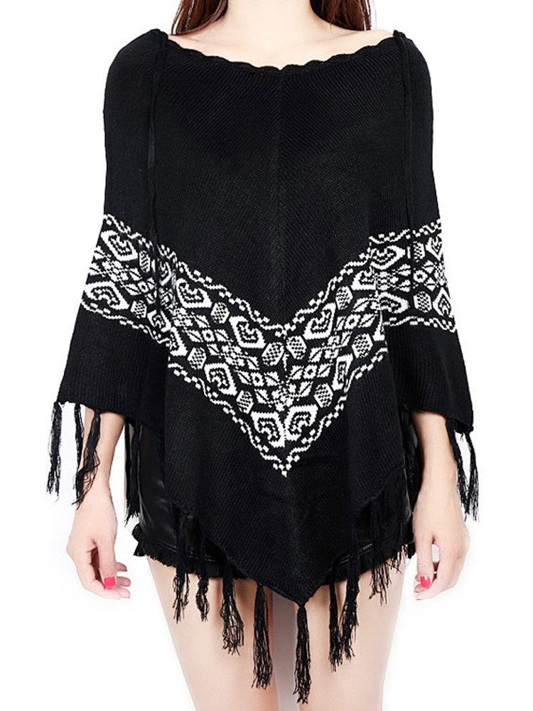 Women Christmas Knitting Print Tassels Cloak Coat