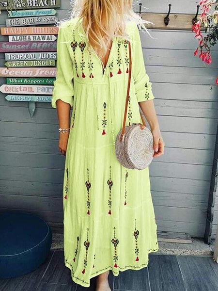 Bohemian printed stitching long skirt fashionable pull-rope tied Long Sleeve Dress