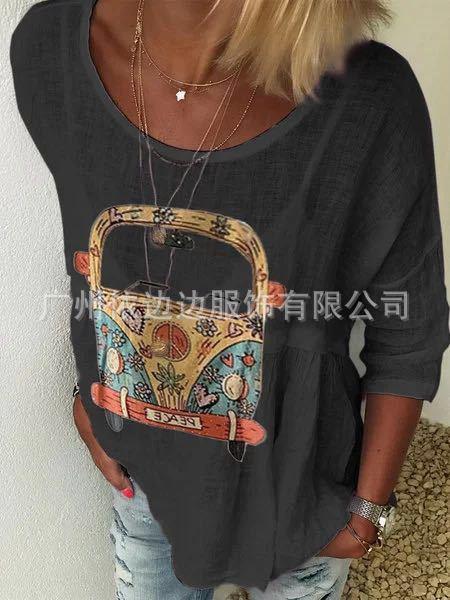 Autumn T-shirt with Round Collar Printing