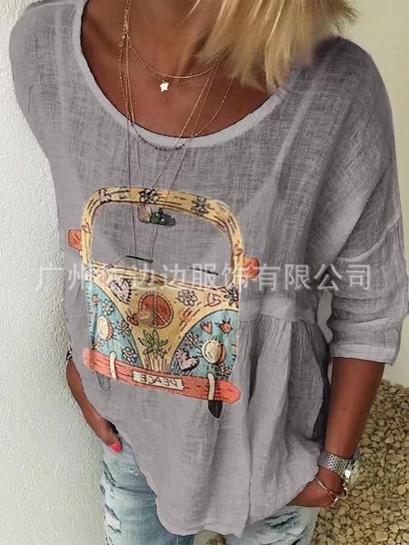 Autumn T-shirt with Round Collar Printing