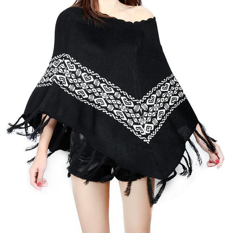 Women Christmas Knitting Print Tassels Cloak Coat