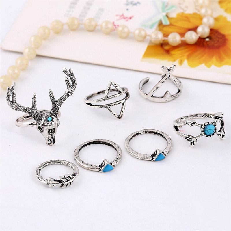 7pcs Bohemian Christmas Elk Deer Geometric Turquoise Knuckle Unique Xmas Rings