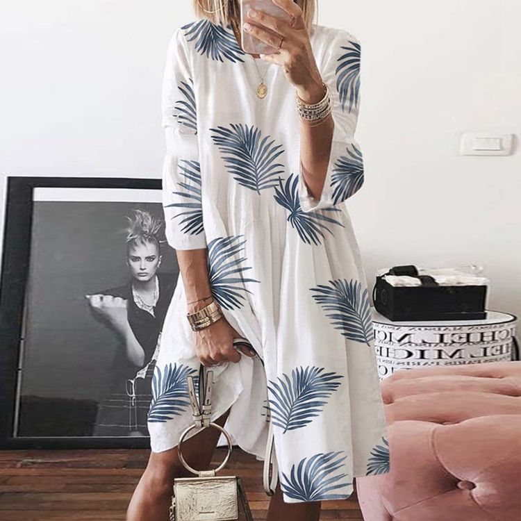 Vintage Print O Neck Digital Print Multicolor Dress