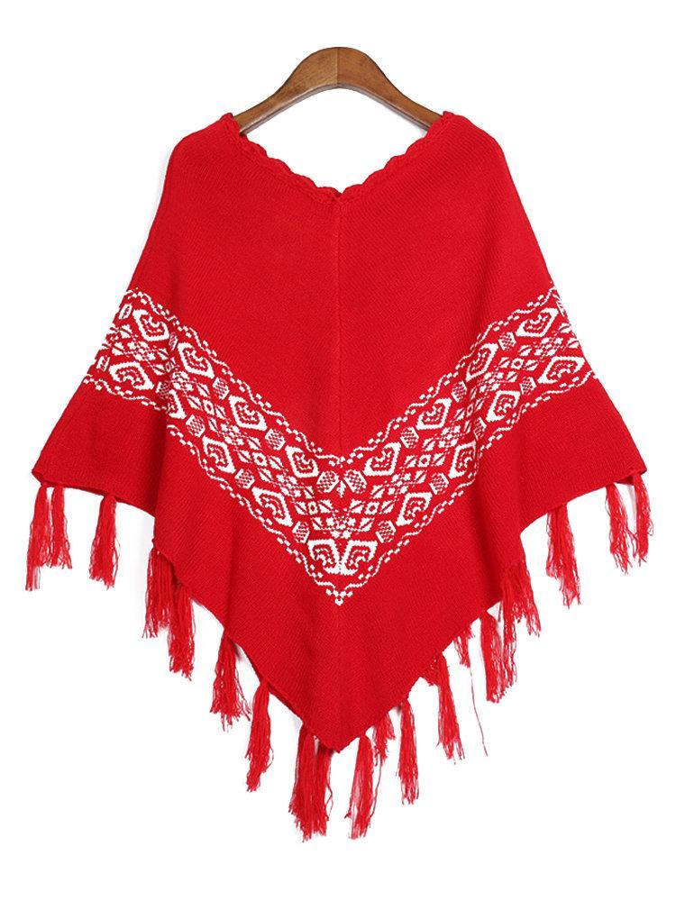 Women Christmas Knitting Print Tassels Cloak Coat