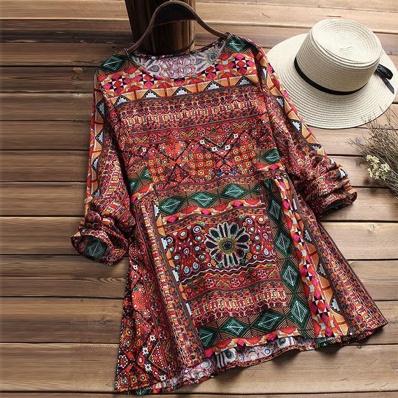 Cotton and Hemp Printing Loose Size Long-sleeved Shirt