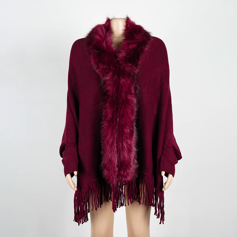 Tassel cloak shawl wool collar cloak solid color cardigan sweater