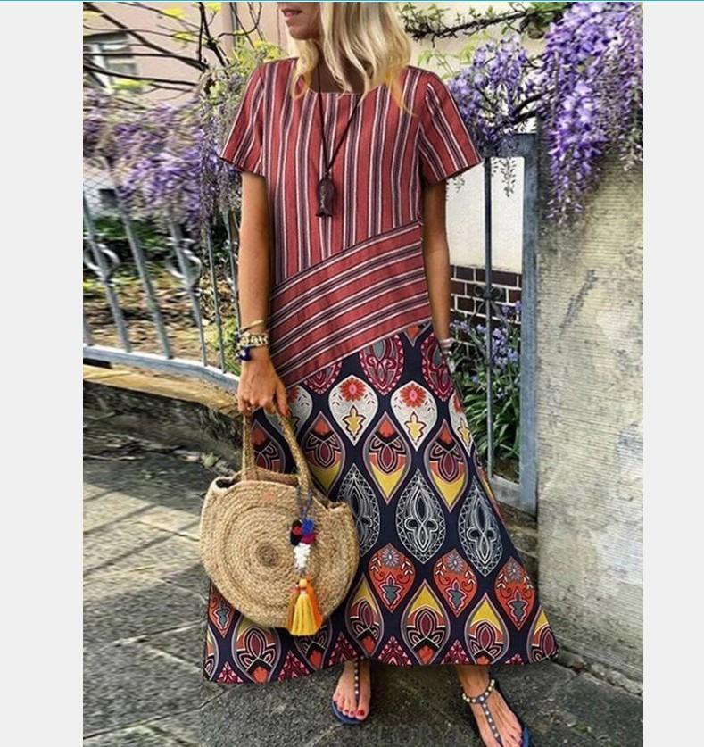 Printed Long Dress Short Sleeved Striped Women's Dress