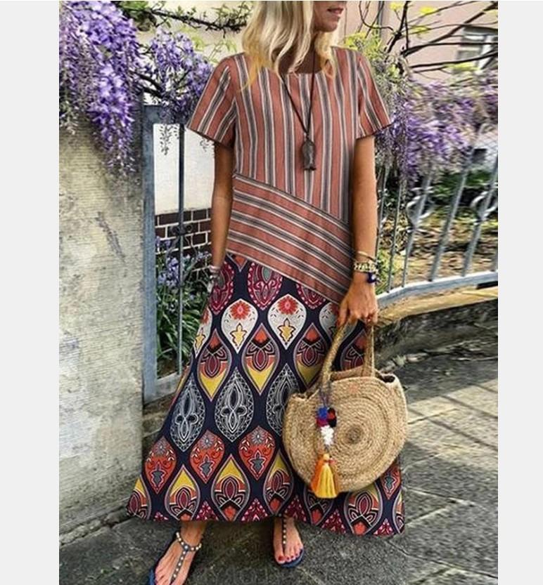 Printed Long Dress Short Sleeved Striped Women's Dress