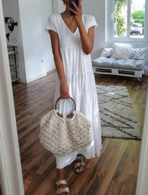 V-neck-fold Short Sleeve Multi-layer Casual Long-dress Dress