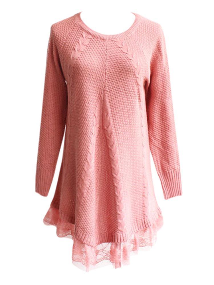 Women Long Sleeve Lace Stitching Pure Color Knitted Sweaters