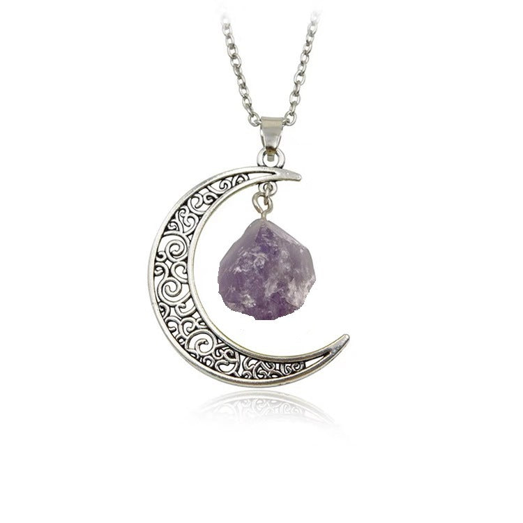 Natural stone crystal necklace vintage moon alloy sweater chain