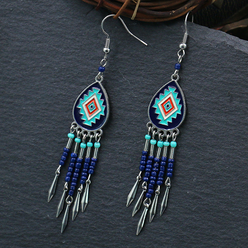 Alloy earringsbohemian oval hand-woven beaded tassel earrings