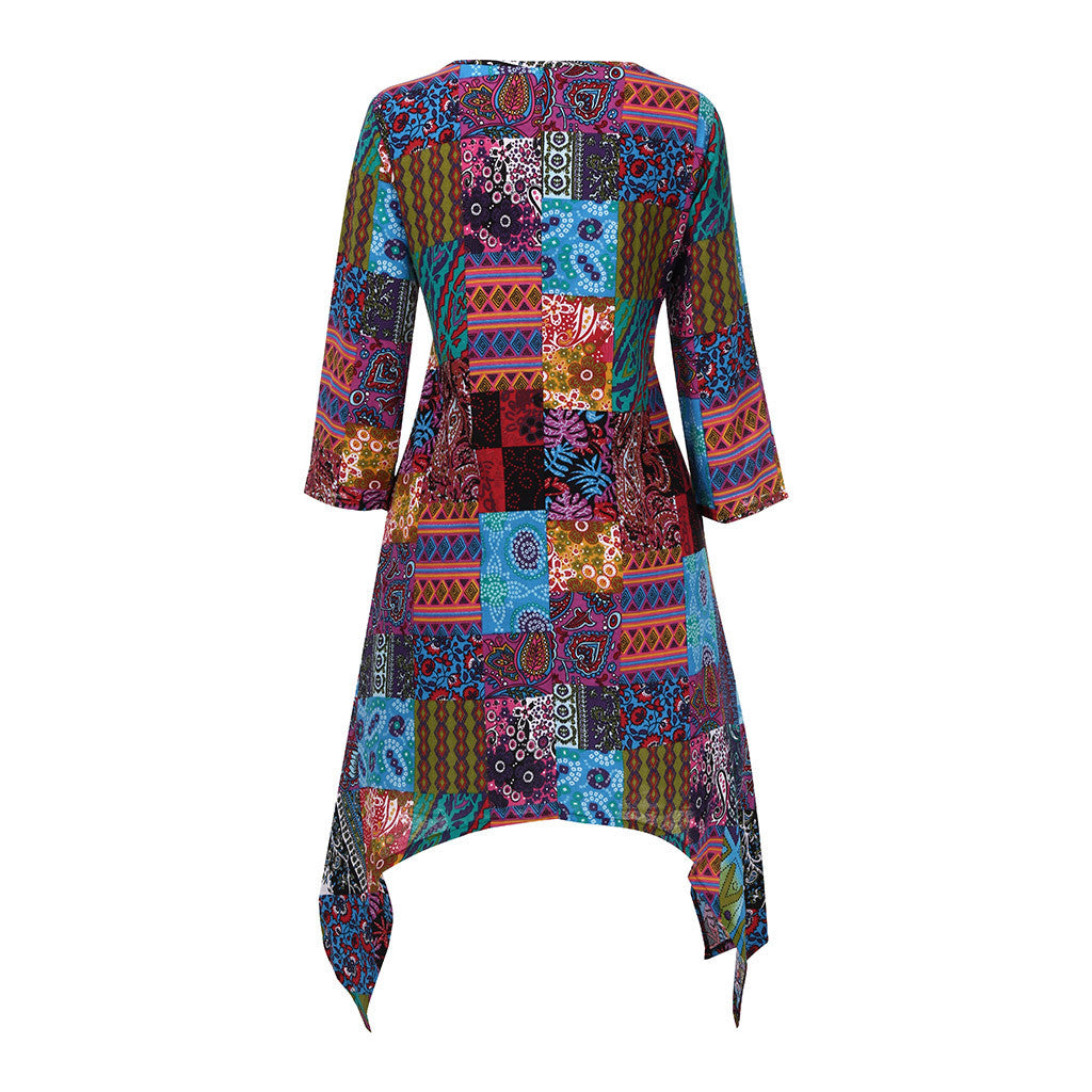 New Bohemian Style Feature Skirt Cotton and Linen Printed Long-Sleeved Dress