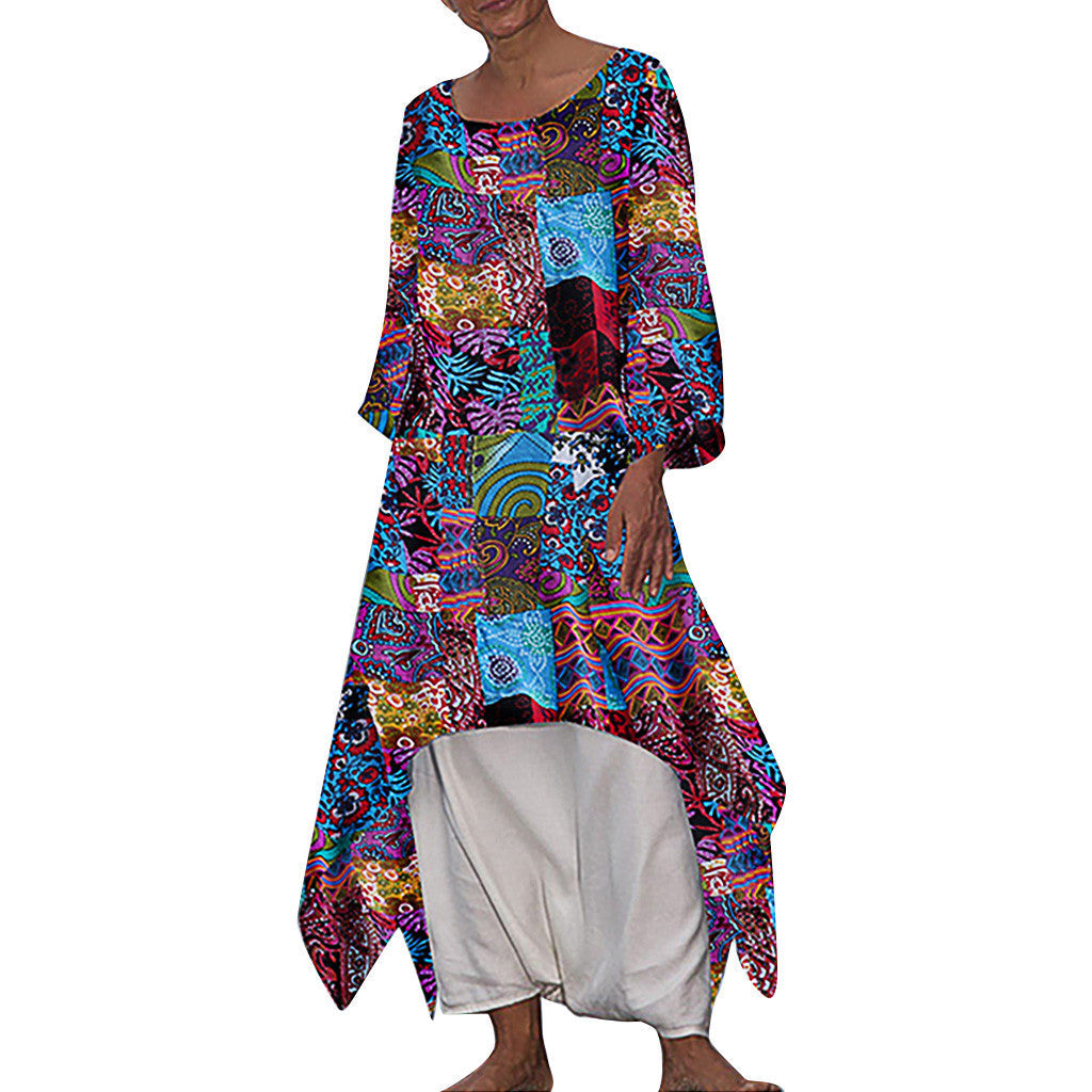 New Bohemian Style Feature Skirt Cotton and Linen Printed Long-Sleeved Dress