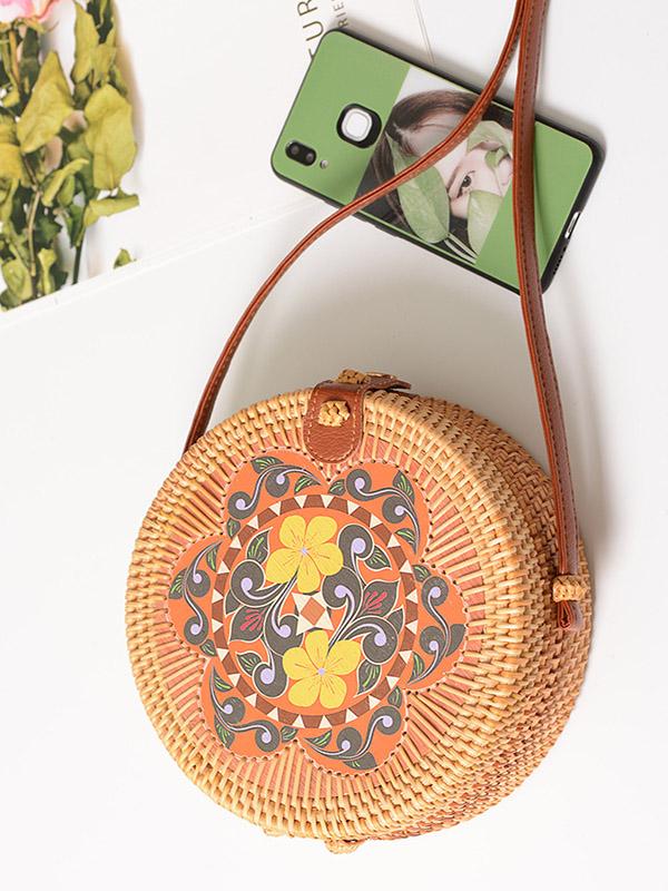 Boho Style Rattan Flower Pattern Round Bag