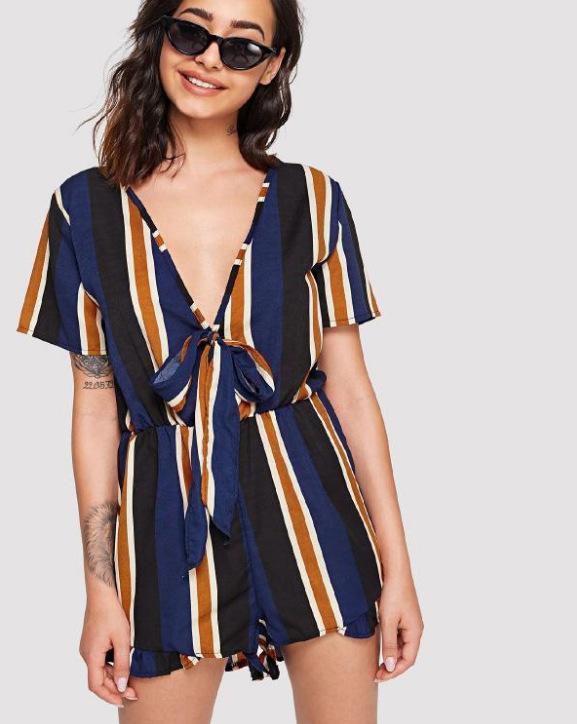 Print Deep V Neck Short Sleeve Jumpsuit Rompers