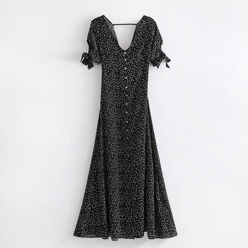 VINTAGE DOT BACKLESS V-NECK MAXI DRESS