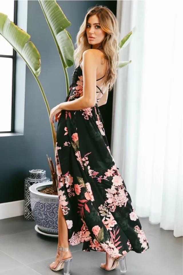 Floral Print Spaghetti Strap Back Cross Split Beach Maxi Dress