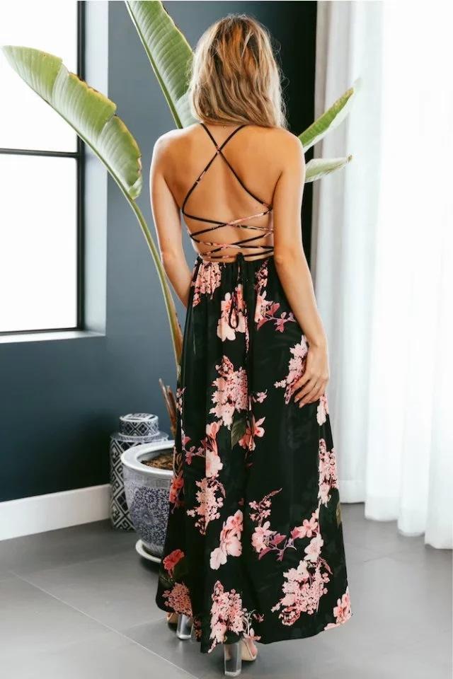 Floral Print Spaghetti Strap Back Cross Split Beach Maxi Dress