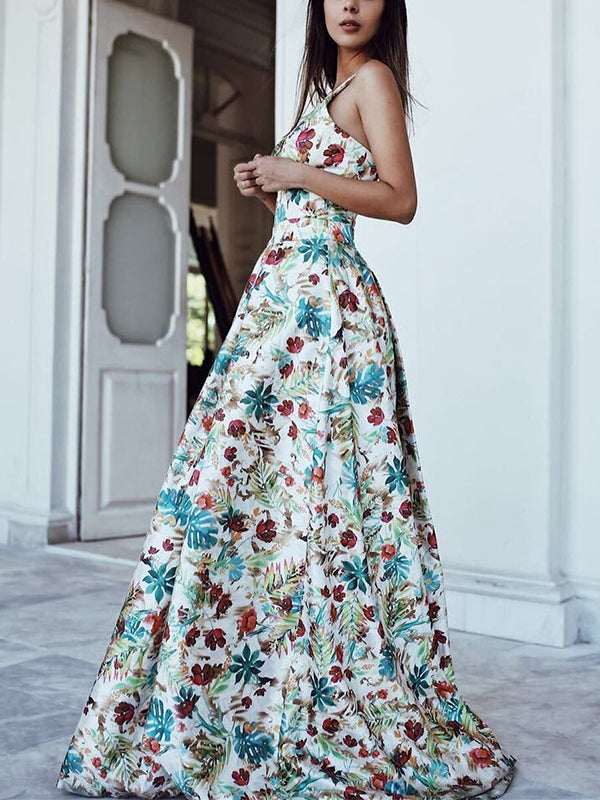 Sexy Deep Floral Printed Bohemian Maxi Evening Party Dresses