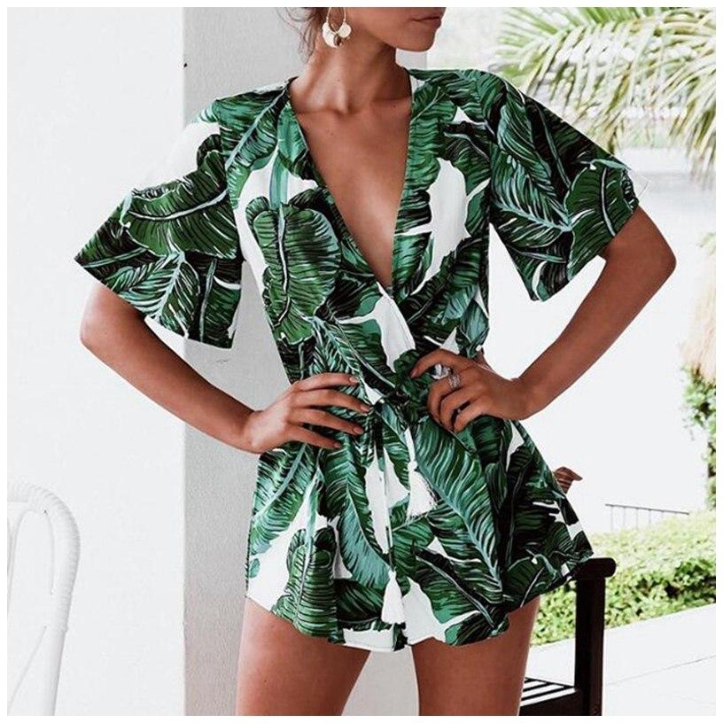 Green Leaves Tropical Floral Sleeves Fringes Bohemia Jumpsuit