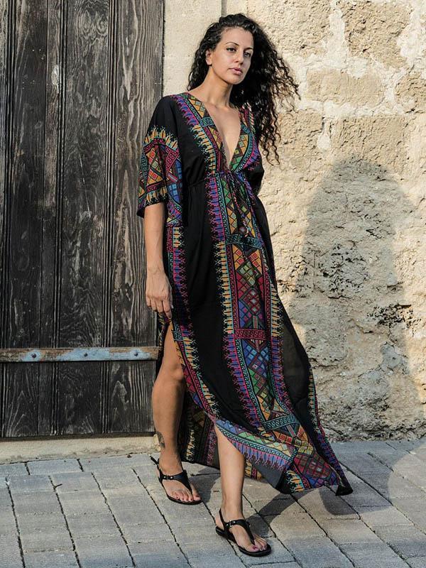 Bohemia Deep V Neck Split-side Elastic Waist Kaftan Beach Dress