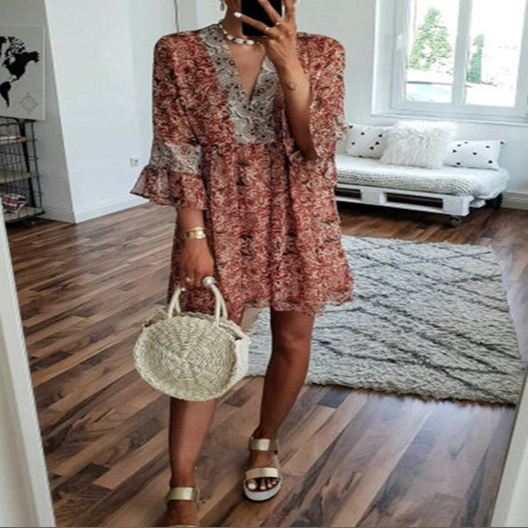 New Style Loose Women's Sleeved Chiffon Print Dress