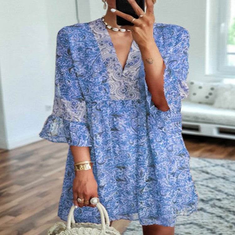 New Style Loose Women's Sleeved Chiffon Print Dress