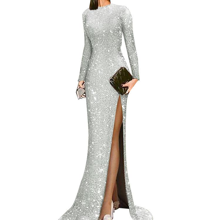 New elegant silver split sexy round neck evening dress