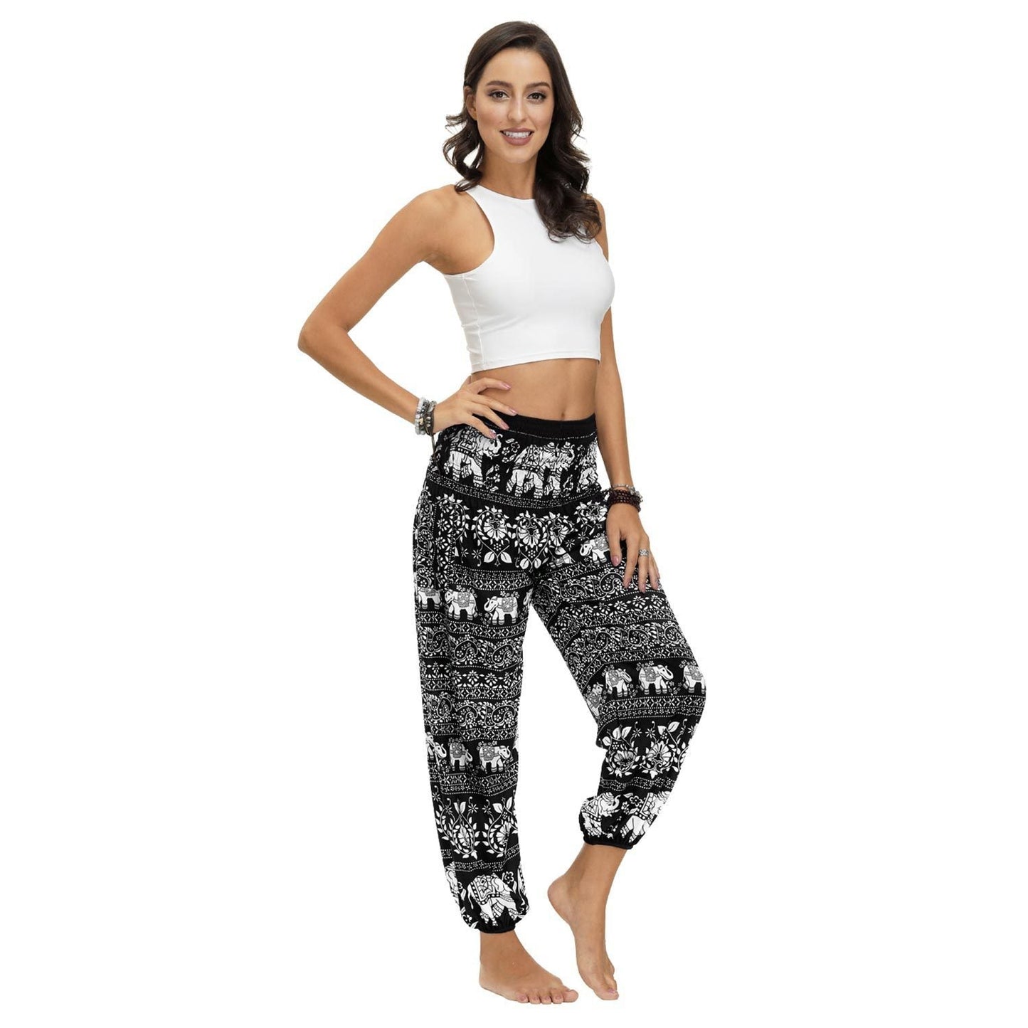 Ethnic print casual loose straight harem pants sports yoga pants