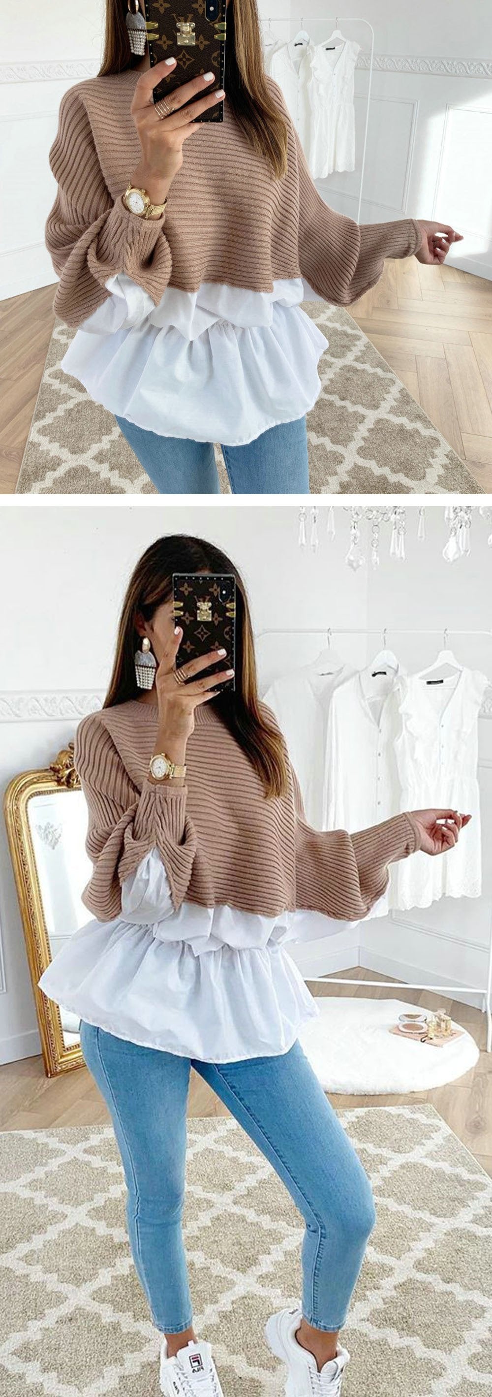 Colorblock Insert Ruffles Ribbed Batwing Sleeve Blouses Women Autumn Long Sleeve Casual Blouse Tops Streetwear