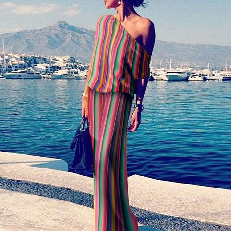 Summer new hot multi-color striped one-shoulder dress