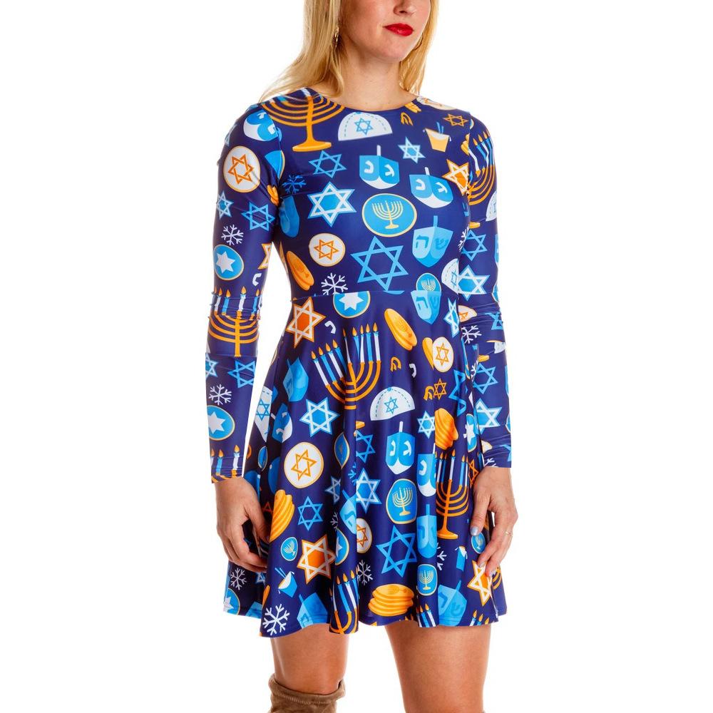 Autumn and winter new Christmas clothing print long-sleeved women's dress