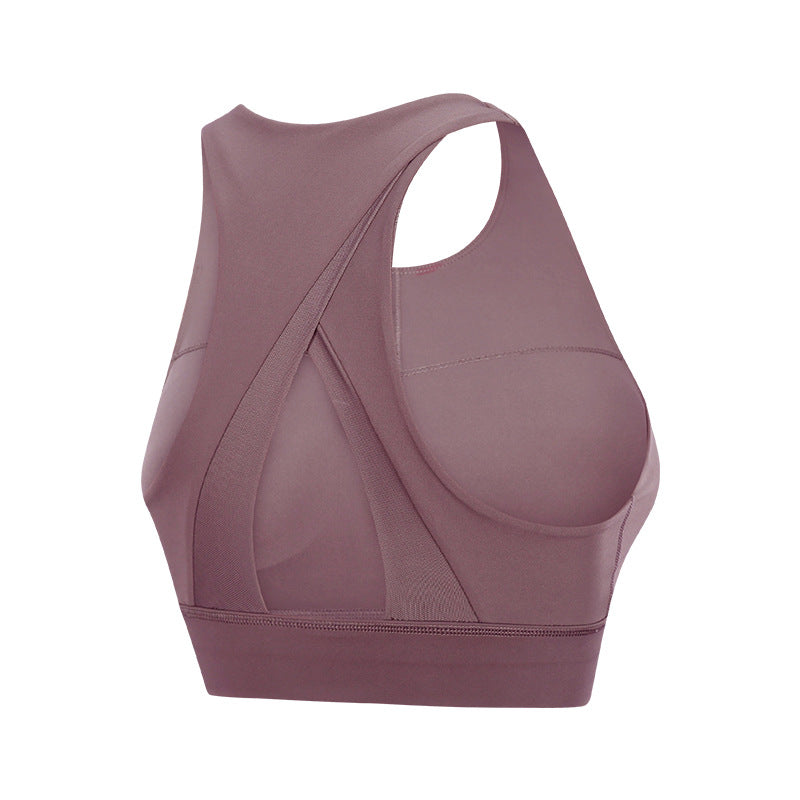 High collar sports bra triangle hollow back gathered shockproof yoga exercise underwear women