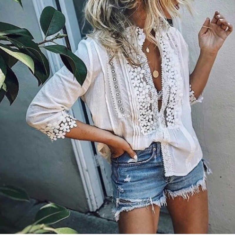 Casual Solid Color Cotton Lace Patchwork Blouses Tops