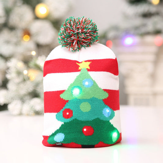 Christmas ornaments for adults and children Christmas hats LED knitted hats with lights scarf color hair ball luminous hats